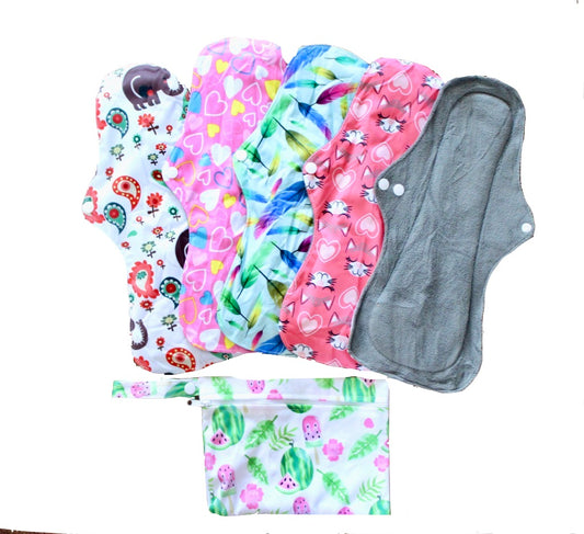 1A Period Pads A set of 5 a wet bag XL 13.5" Reusable heavy flow night and day washable Clothes pads hight quality very soft and comfortable