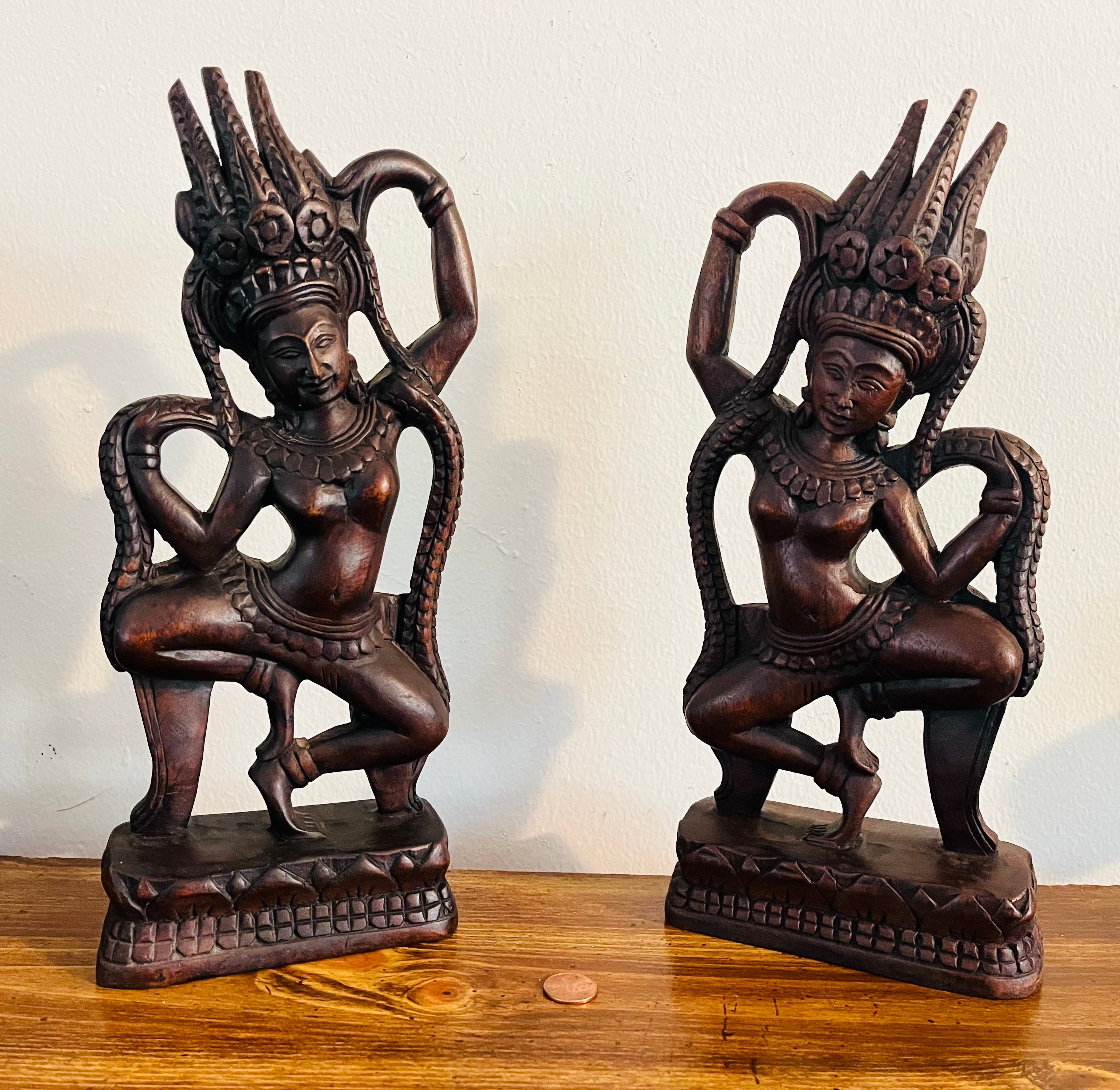 Store 2 Apsara wood statues , a set of 2 beautiful Cambodian dancer statue carved from