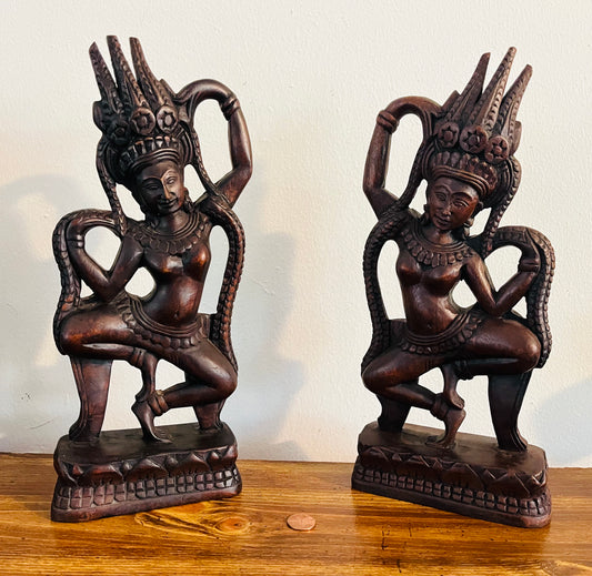 2 Apsara wood statues , a set of 2 beautiful Cambodian dancer statue carved from wood Cambodian Hands 5" width and 12.5" tall Khmer wooded