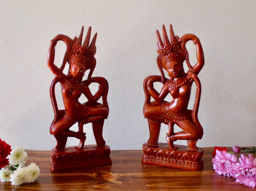 2 Apsara wood statues , a set of 2 beautiful Cambodian dancer statue carved from wood Cambodian Hands 5" width and 12.5" tall Khmer wooded